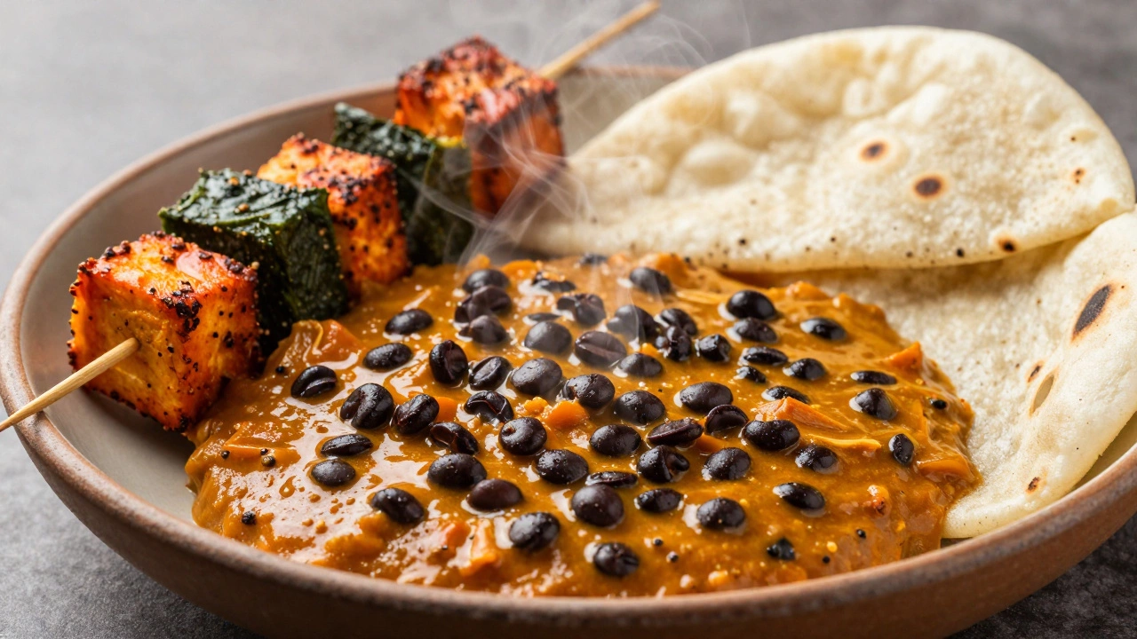 Close-up of steaming lentil curry and spinach cheese dish on table.