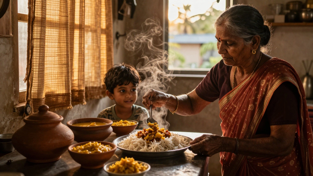 Elderly woman serving homemade coconut chutney to a child in a traditional Indian kitchen.