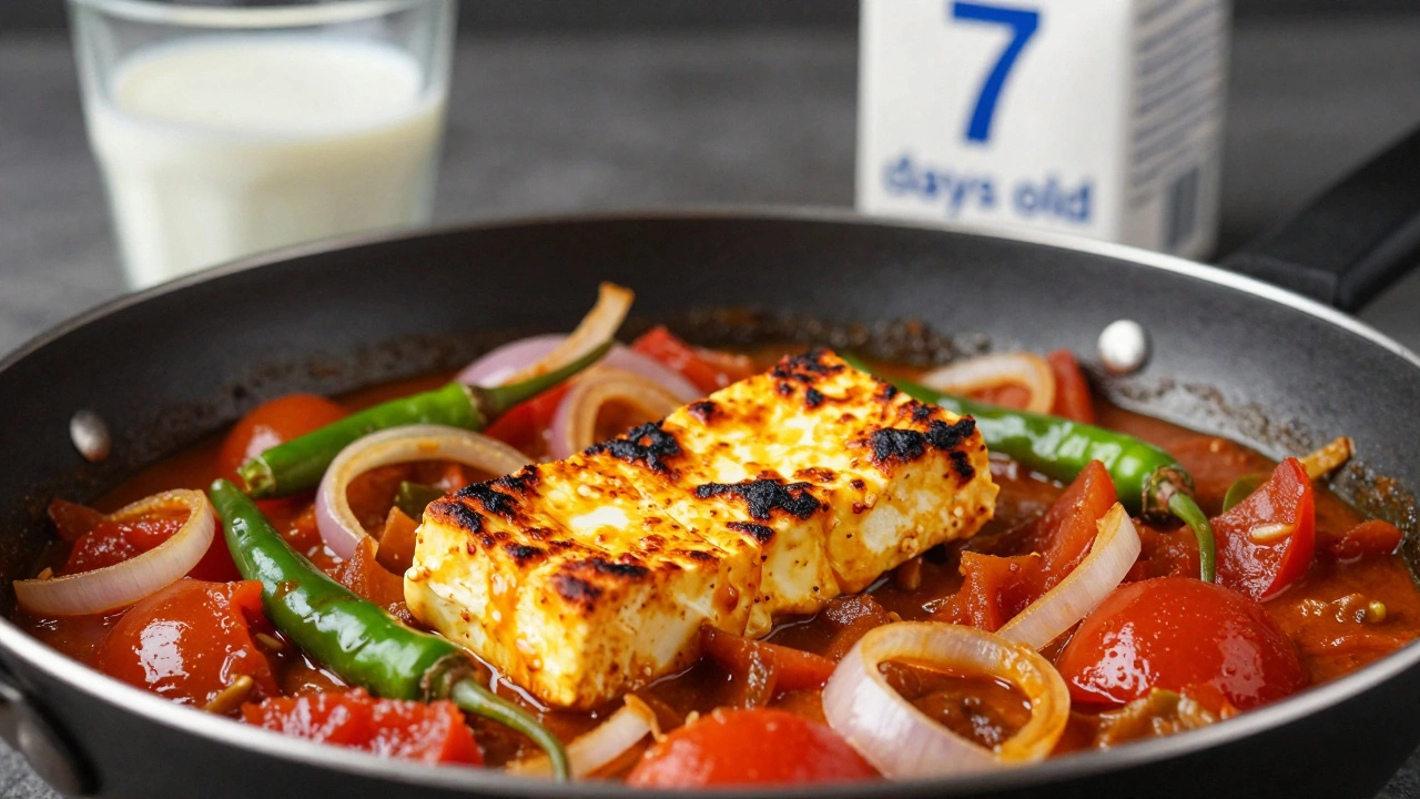 Golden fried paneer sizzling in a spicy tomato and onion curry, with an empty milk carton in the background.