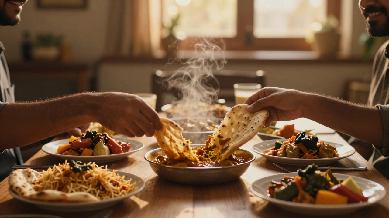 Hands sharing a home-cooked Indian meal at a dinner table.