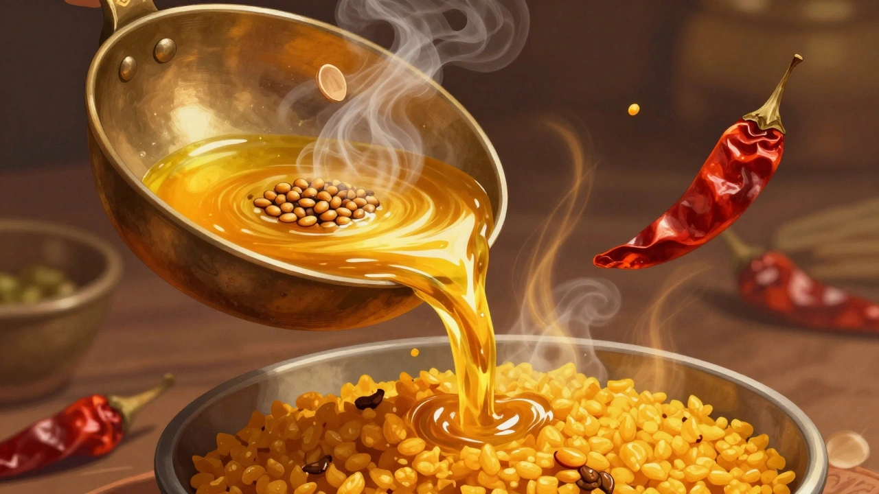 Hot ghee pouring over dal with popping mustard seeds and hing swirling in steam.