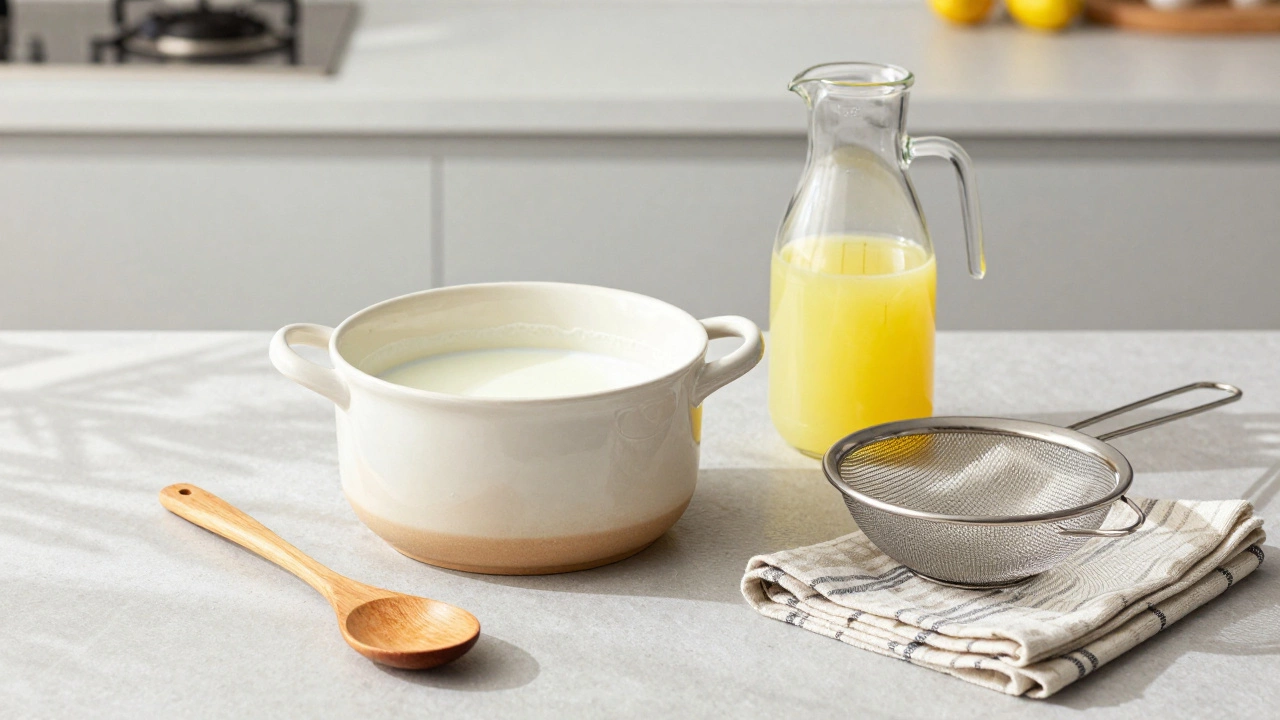 Kitchen setup for homemade paneer with milk pot and lemon juice