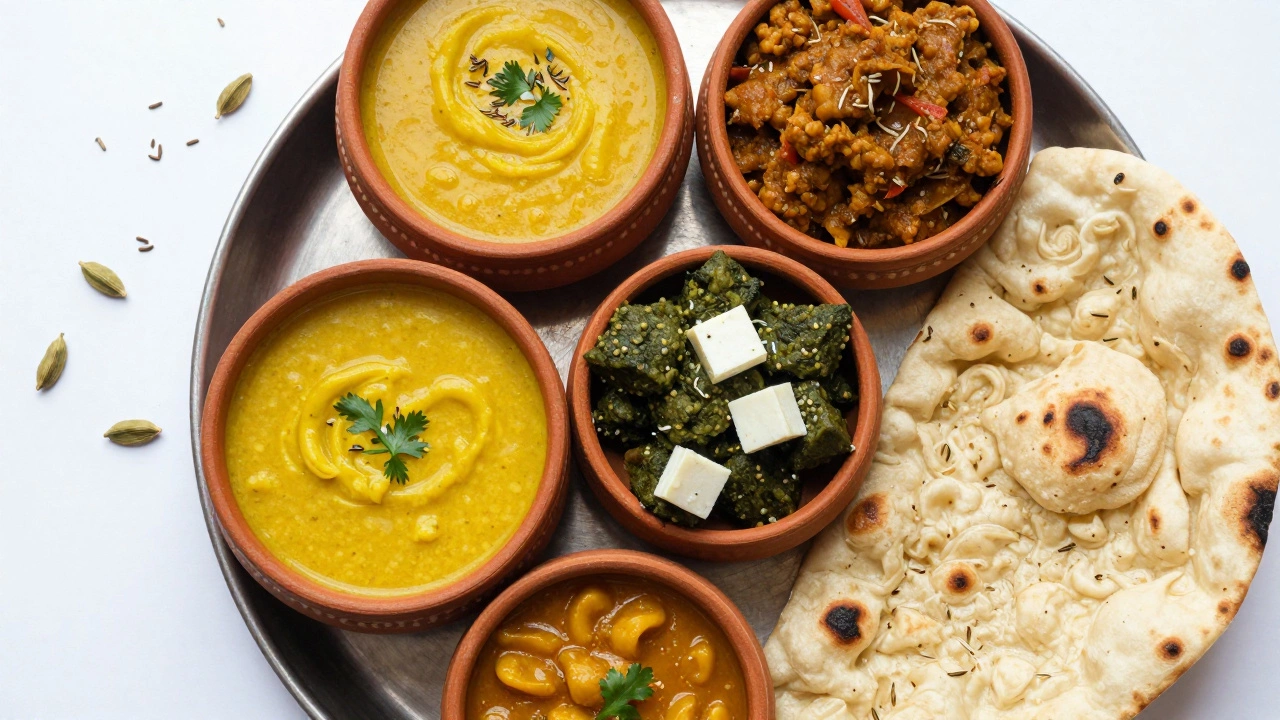 Overhead view of Indian thali with Dal, Palak Paneer, and Naan.