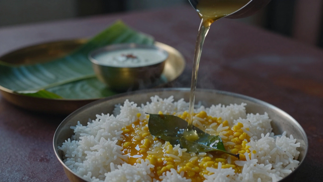 Runny dal pouring over rice, with a drizzle of ghee and curry leaves on top.