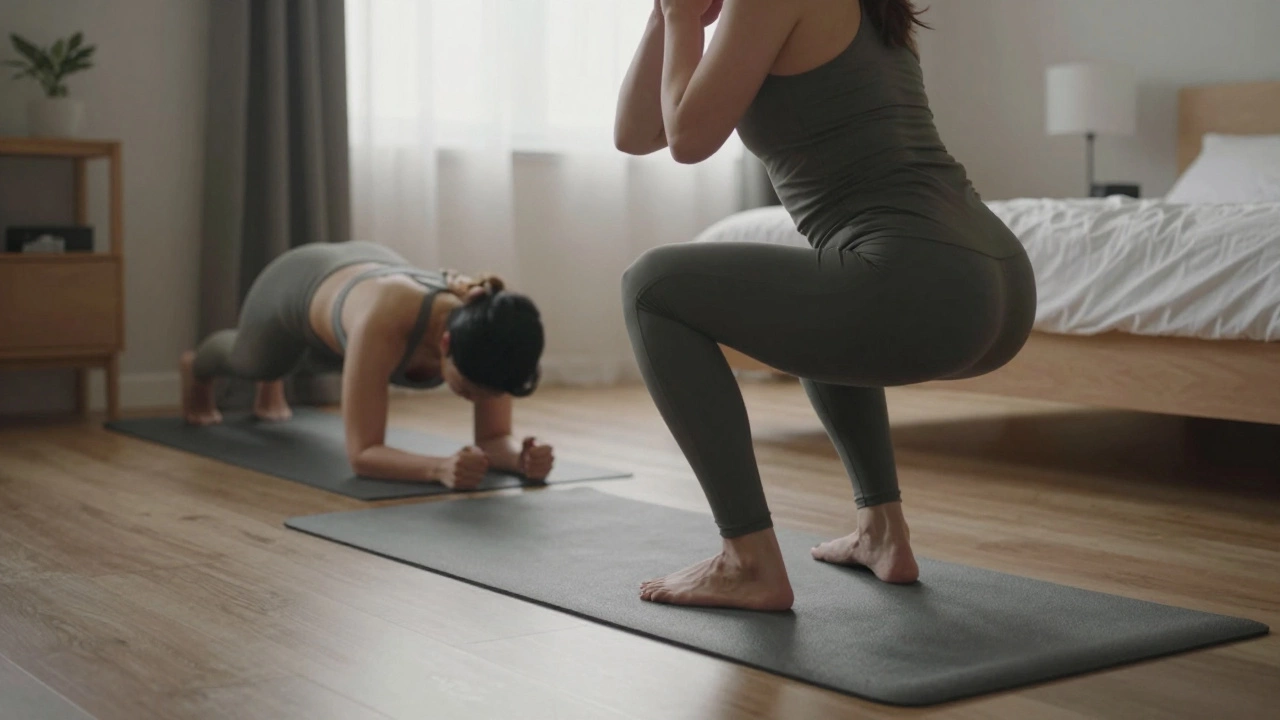 Someone doing bodyweight exercises like squats and planks at home.