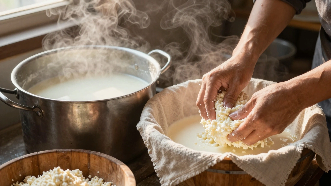 Traditional cheese making process with hot milk and cloth strainer