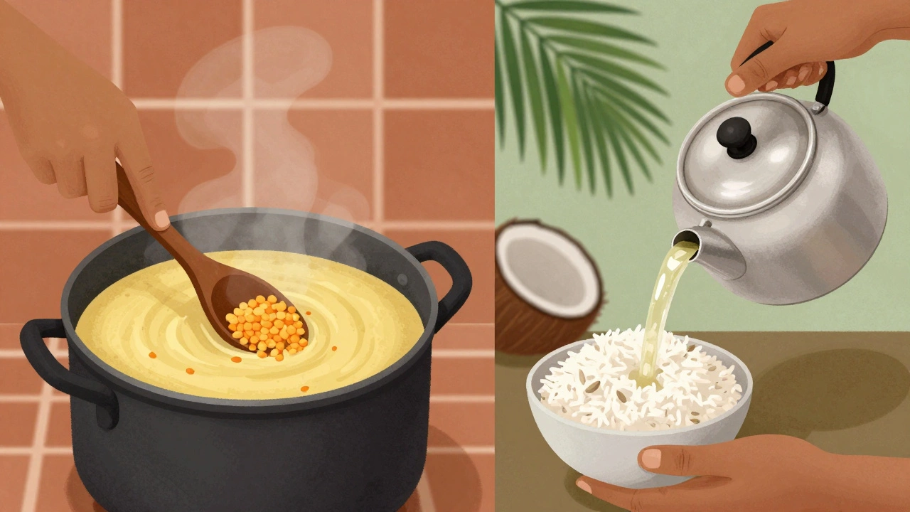 Two hands preparing dal differently—thick in the north, runny in the south.