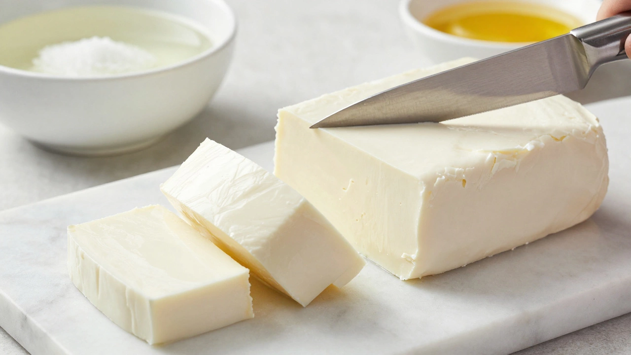 A knife slicing a soft, smooth block of homemade paneer into perfect cubes