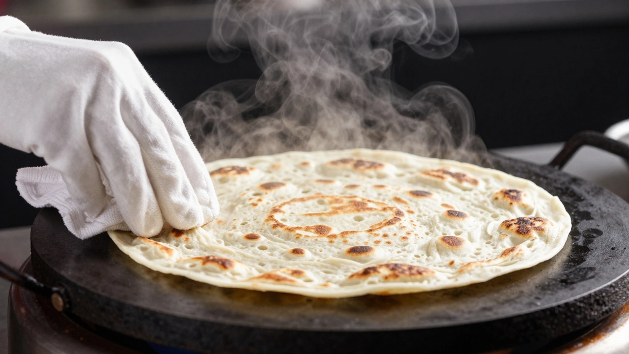 A roti puffing up with steam on a hot iron tawa being pressed with a cloth