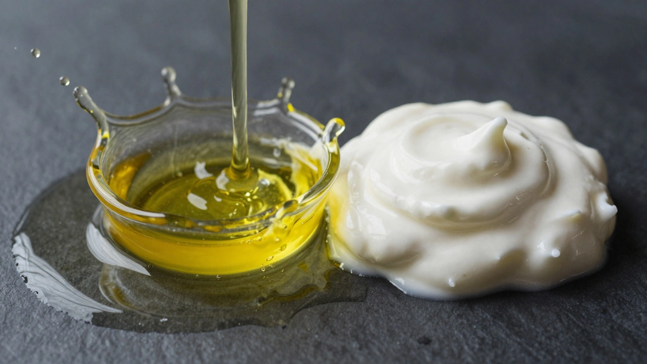 Conceptual display of lemon juice, oil, and yogurt on a dark background