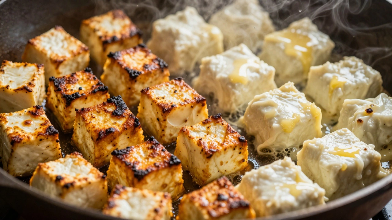Firm regular paneer with charred edges and soft Malai paneer searing in a hot pan
