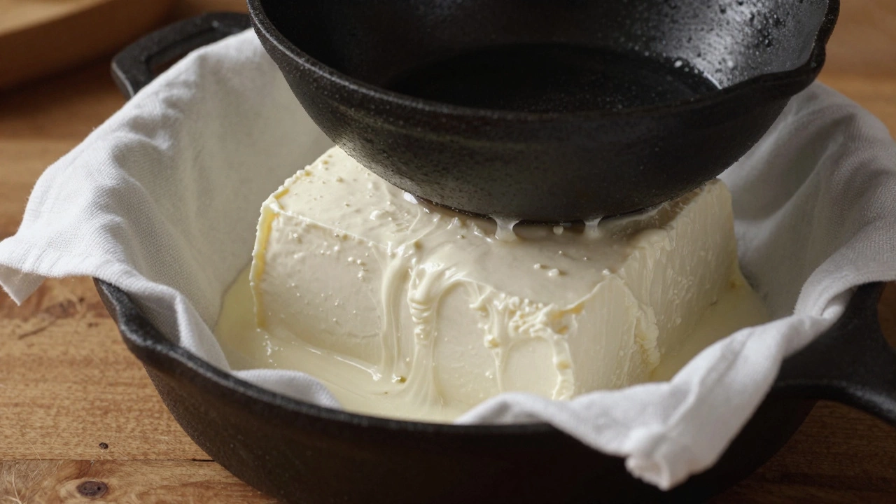 Fresh paneer curds in cheesecloth being pressed under a cast-iron skillet