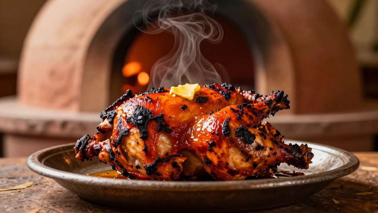 Juicy Tandoori chicken with charred edges on a platter with a clay oven behind