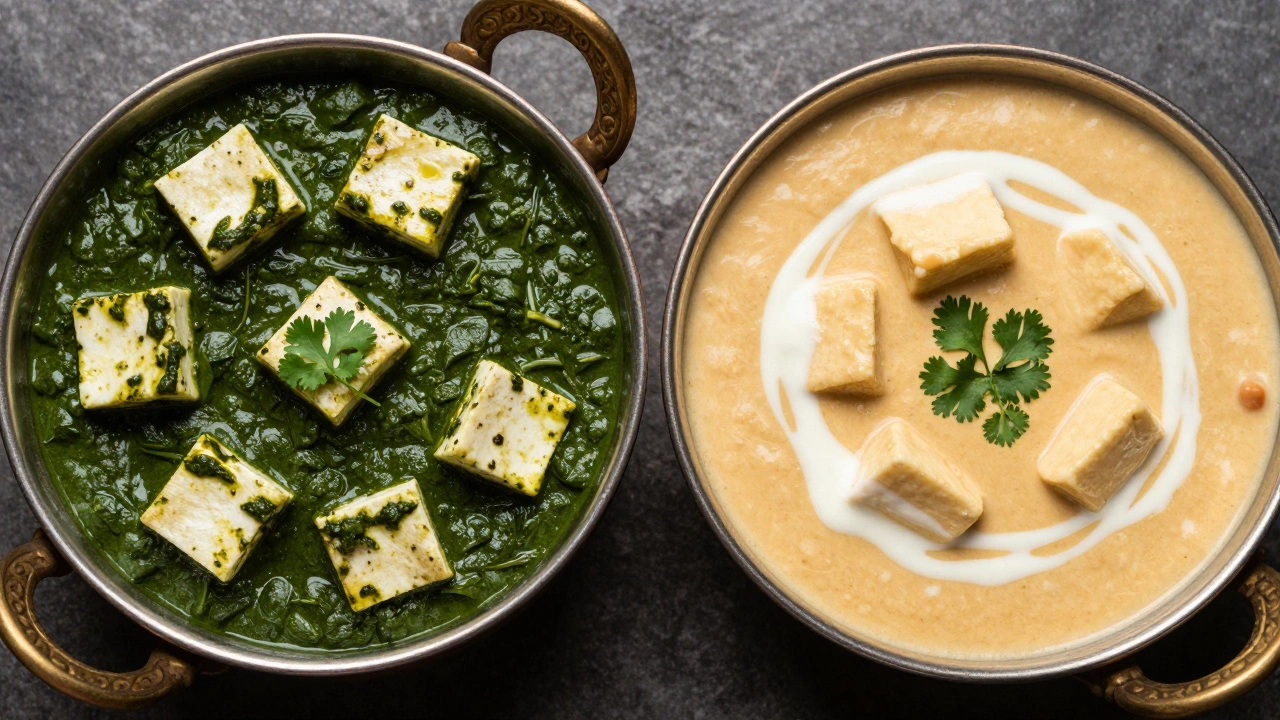 Palak Paneer with regular paneer and Shahi Paneer with Malai paneer in copper bowls