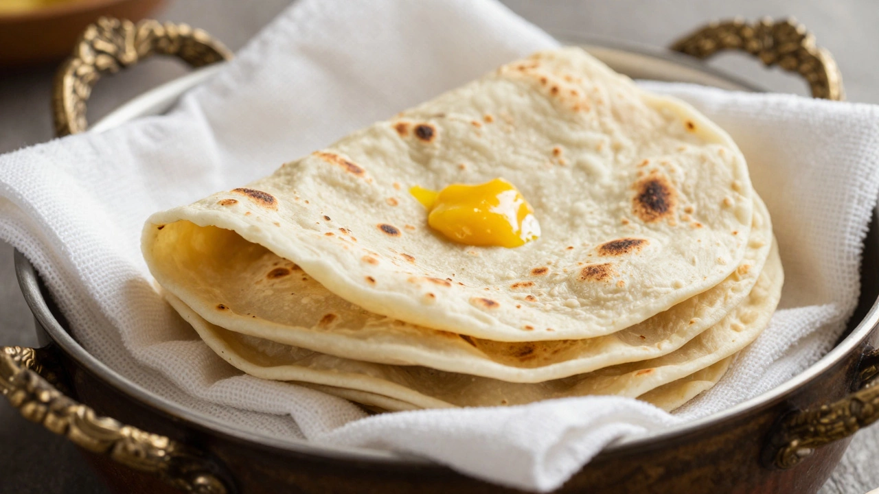 Soft rotis wrapped in a cotton towel inside an insulated casserole