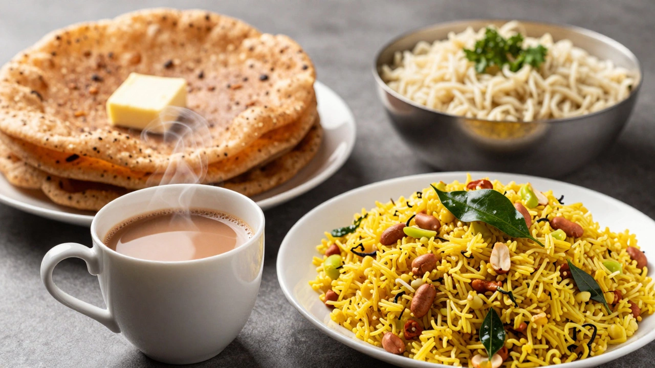 Assorted Indian breakfast dishes including poha, thepla, and upma