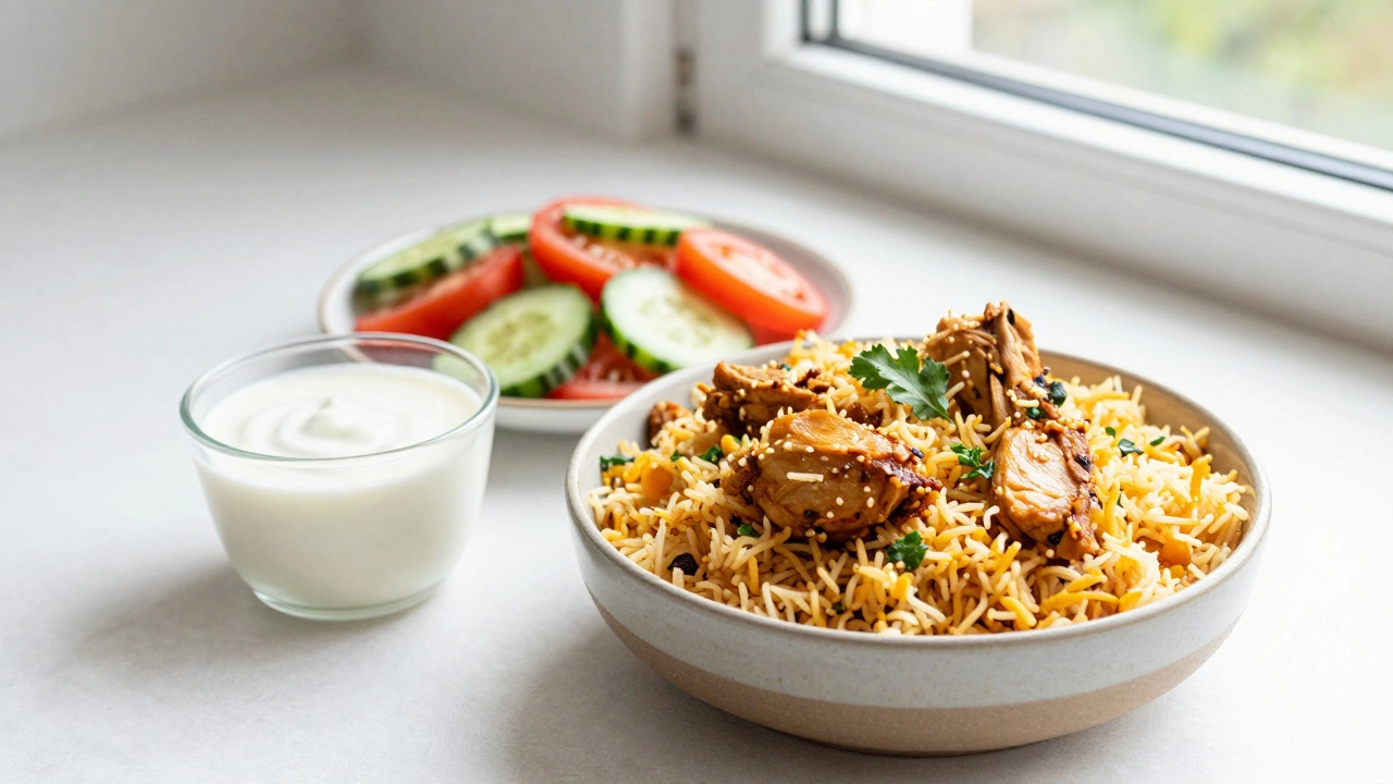 Balanced plate of biryani with salad and yogurt for healthy eating