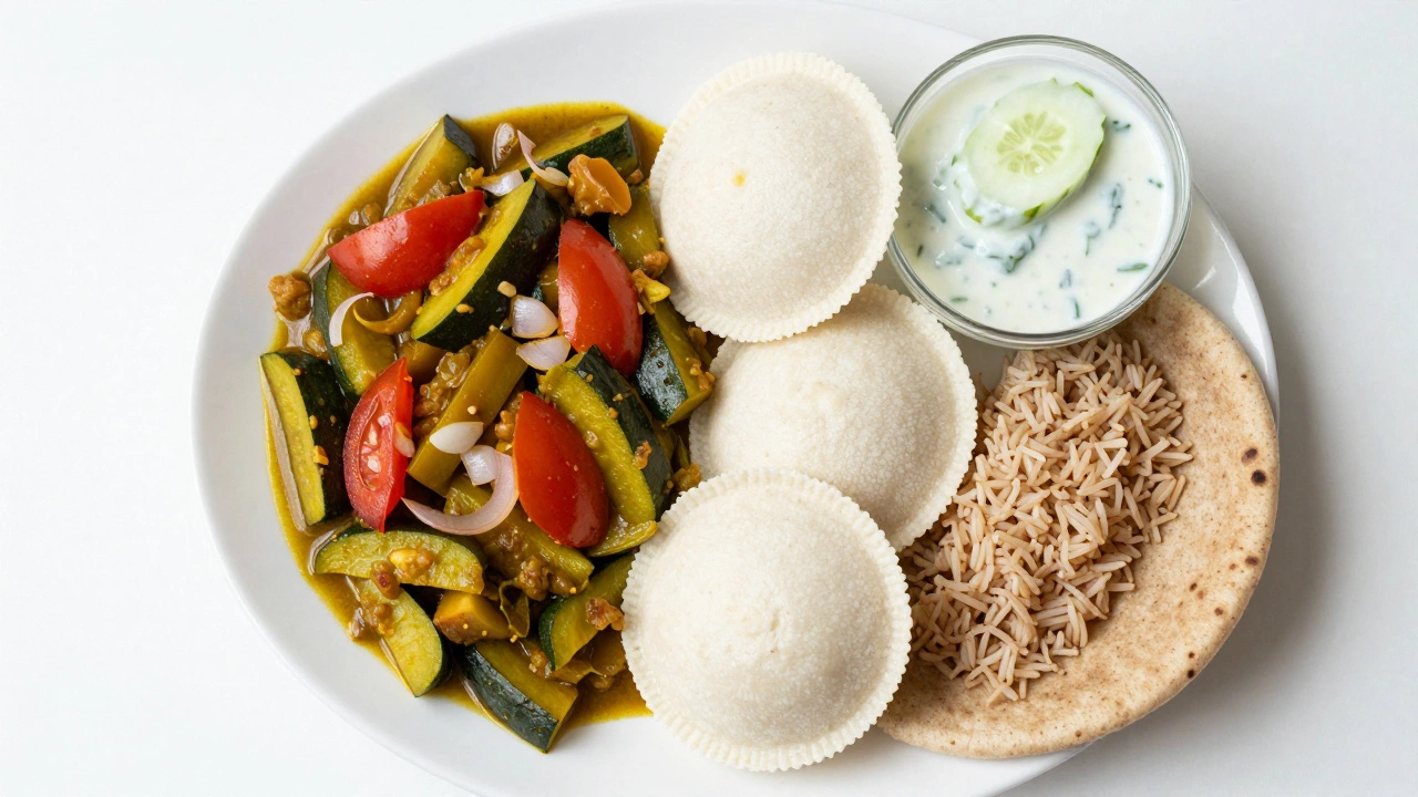 Balanced plate with idli, bottle gourd curry, and raita