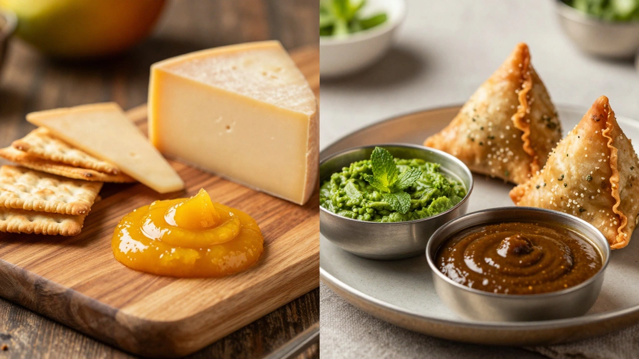 Cheese board with mango chutney vs Indian snacks with fresh chutneys