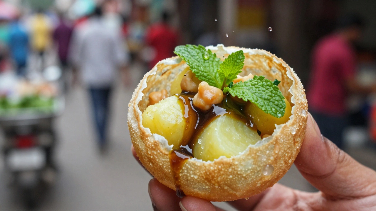 Close-up of Pani Puri bursting with spicy mint water and fillings