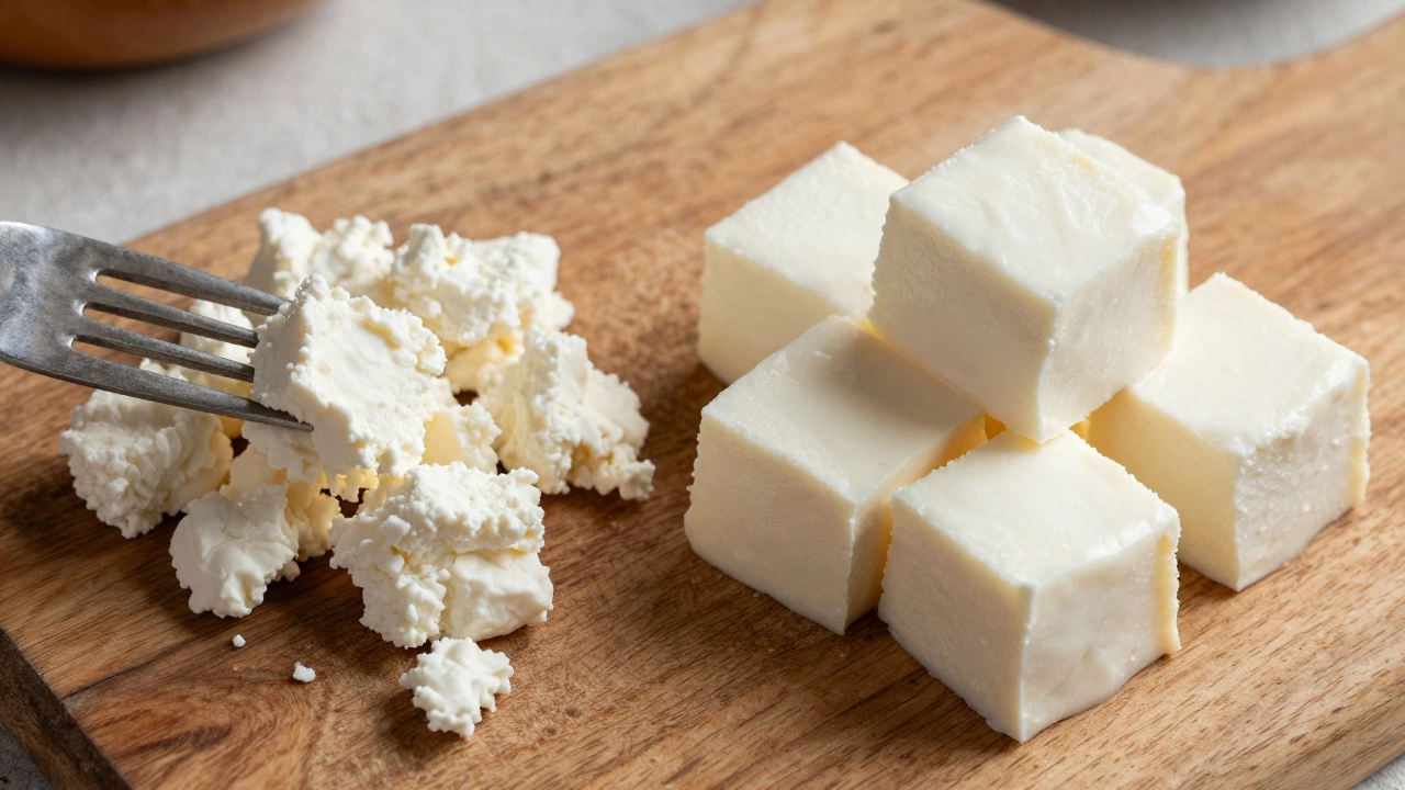 Comparison of dry hard paneer versus soft soaked paneer on a wooden board.