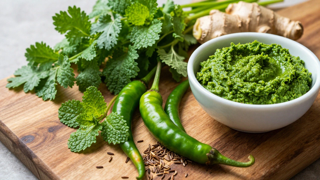 Fresh cilantro, mint, and chilies for making green chutney