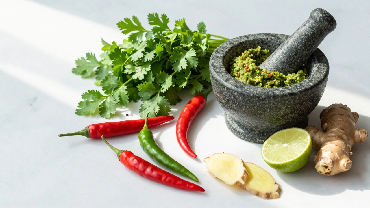 Fresh herbs, chilies, and ginger arranged around a stone grinder for chutney