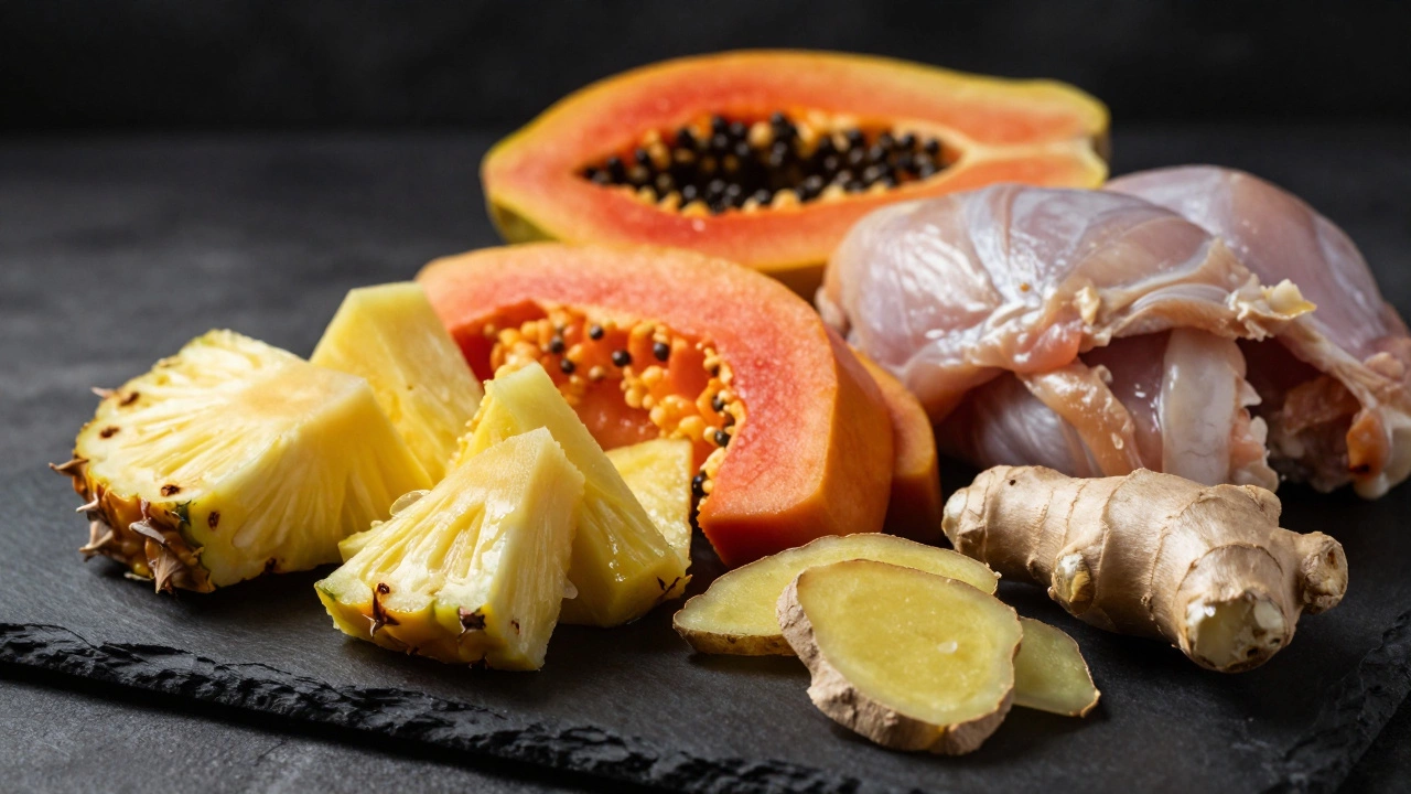 Fresh pineapple, papaya, and ginger next to raw chicken