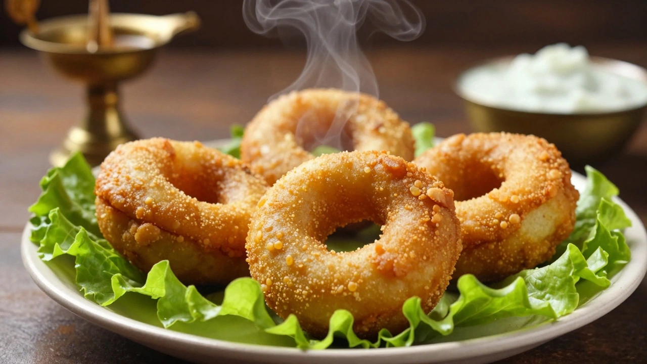 Golden fried Medu Vadas on a plate