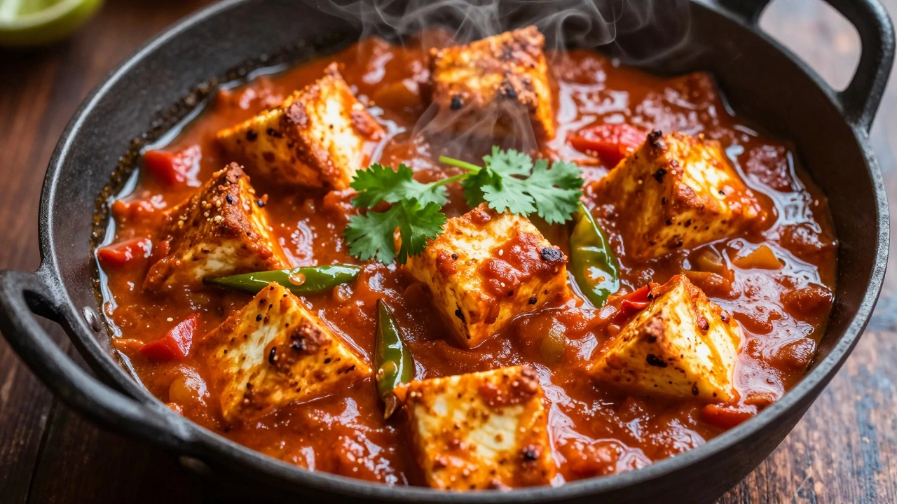 Golden paneer cubes in rich spicy tomato gravy served in a black iron wok.