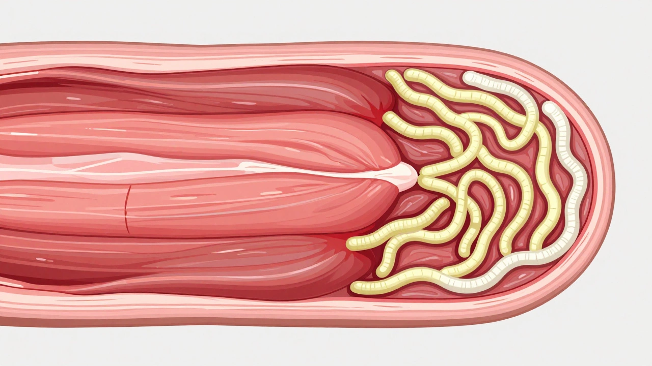 Illustration comparing healthy chicken muscle fibers to parasite cysts