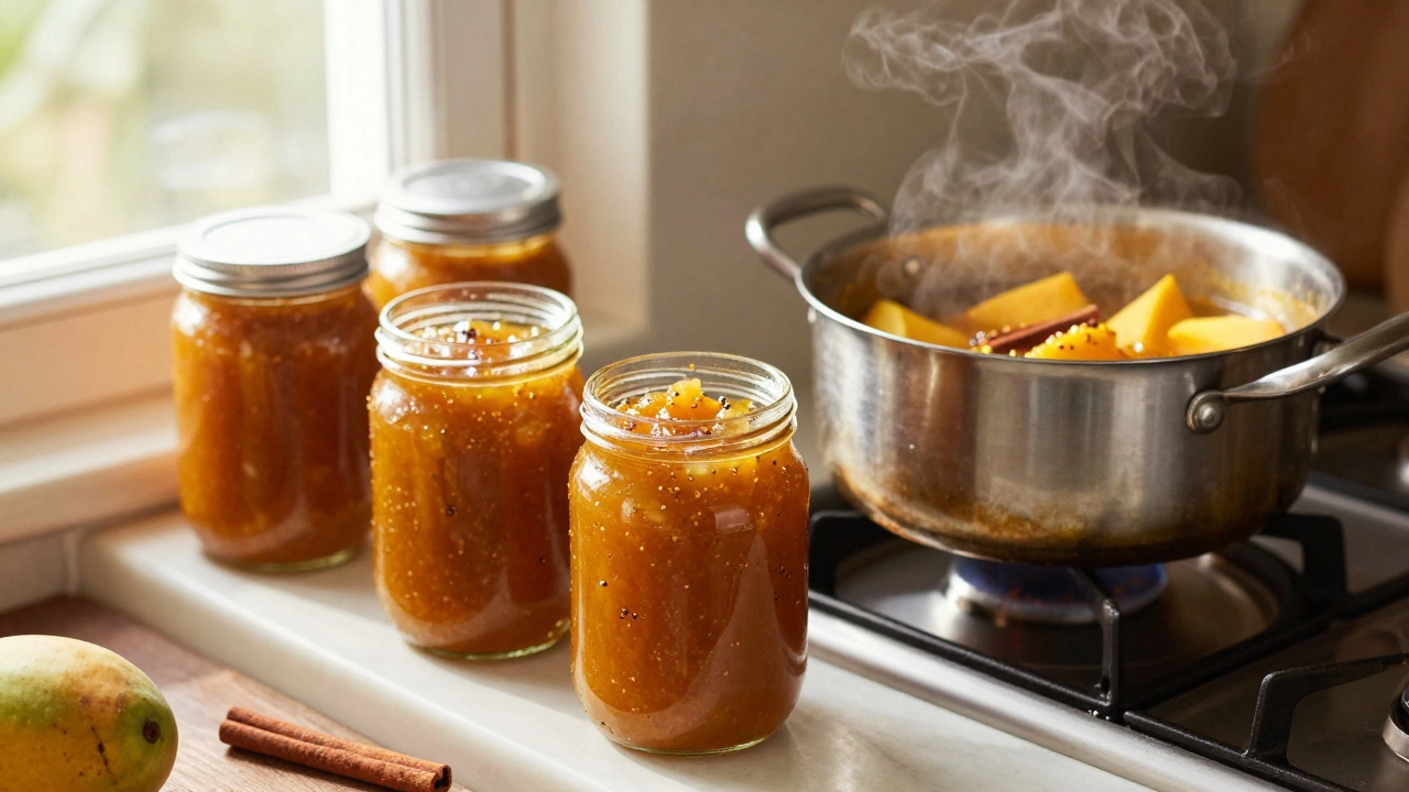 Jars of preserved mango chutney next to a simmering pot of fruit mixture
