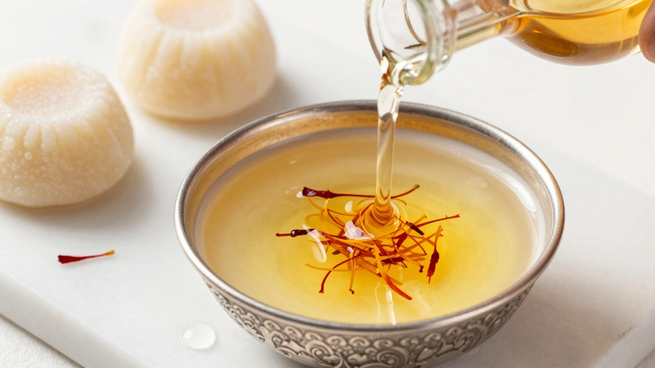 Saffron threads soaking in milk next to rose water and Rasmalai sweets on marble.
