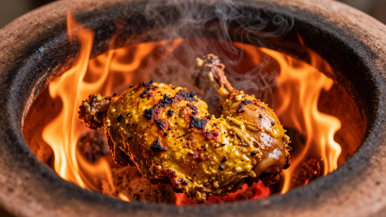 Tandoori chicken legs roasting in a hot clay tandoor oven