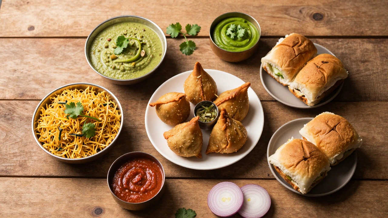 Variety of Indian chaat snacks including samosa and bhel puri on a table