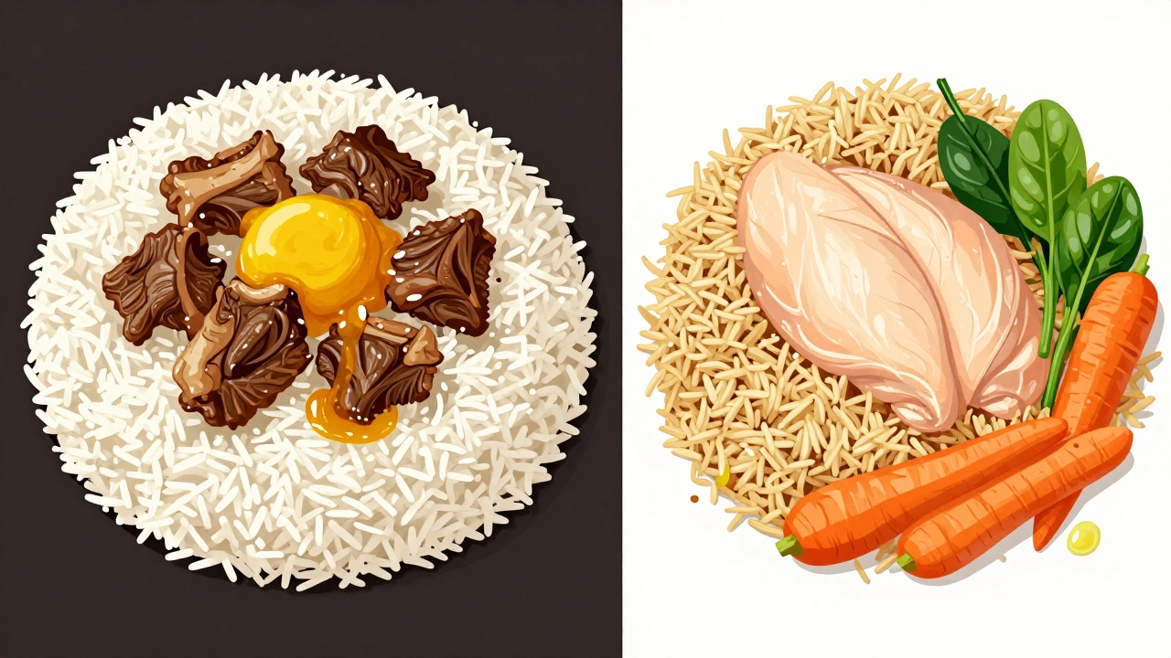 Visual comparison of traditional versus healthy biryani ingredients