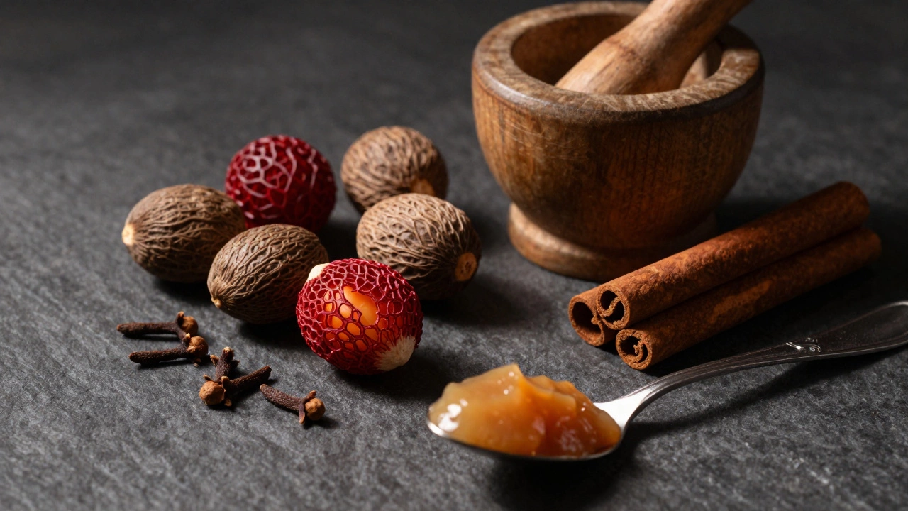 Whole nutmeg, mace, and spices arranged dramatically on a dark stone surface.
