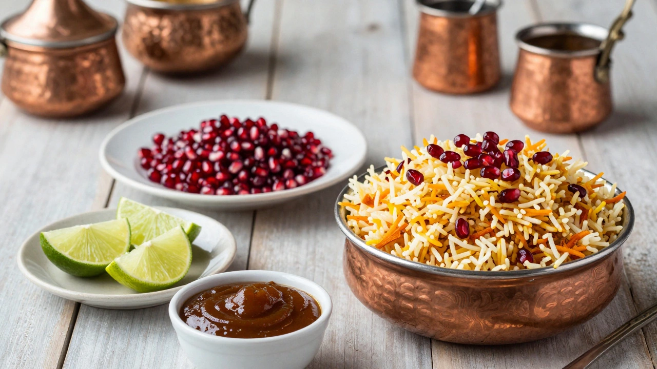 Biryani served with lime, pomegranate seeds, and chutney