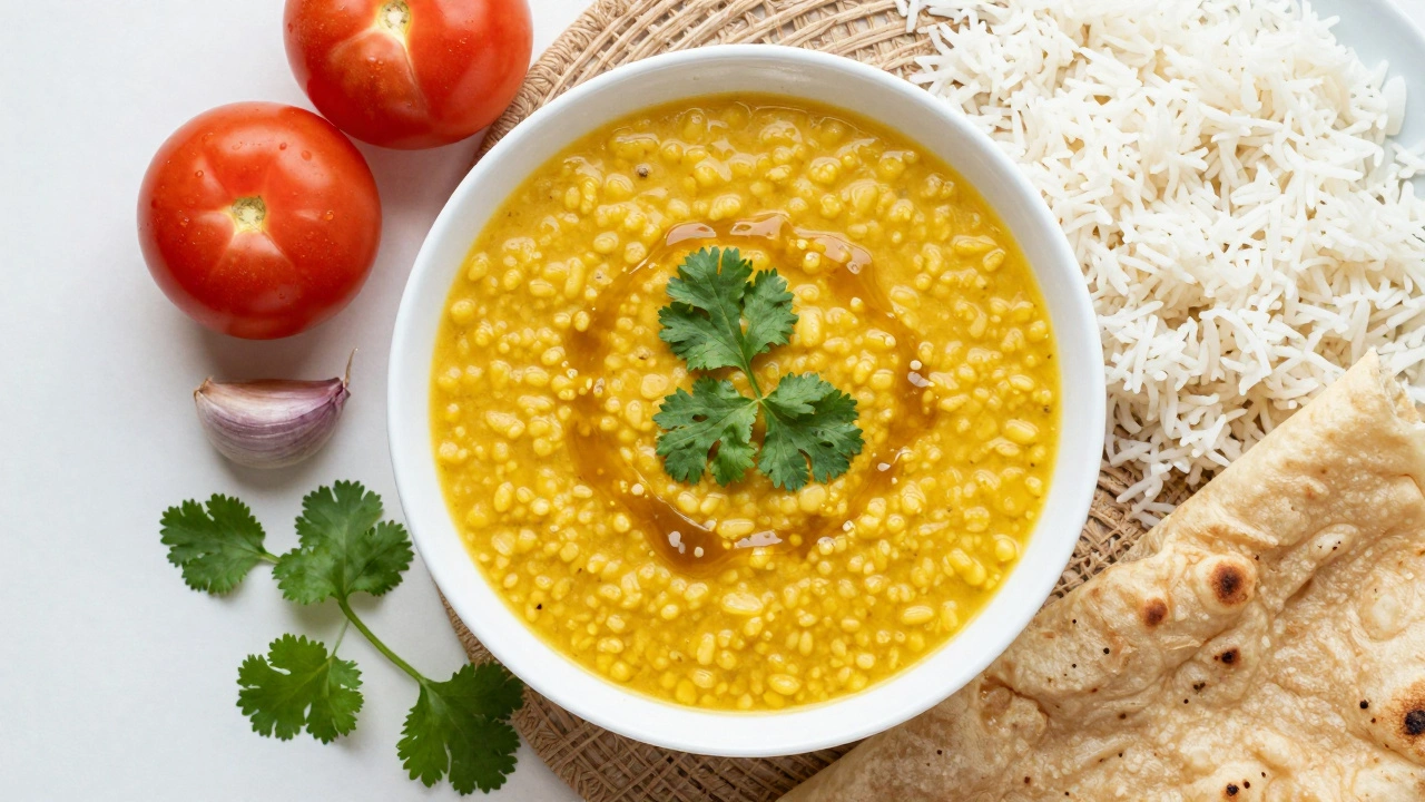 Bowl of creamy yellow dal tadka garnished with cilantro, served with rice