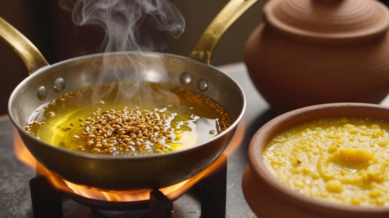 Brass pan with sizzling cumin seeds in ghee next to a pot of creamy dal