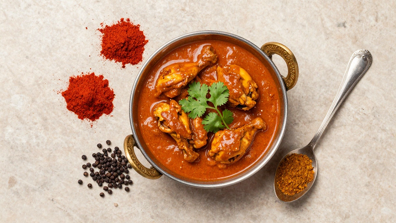 Chicken curry bowl surrounded by chili and garam masala