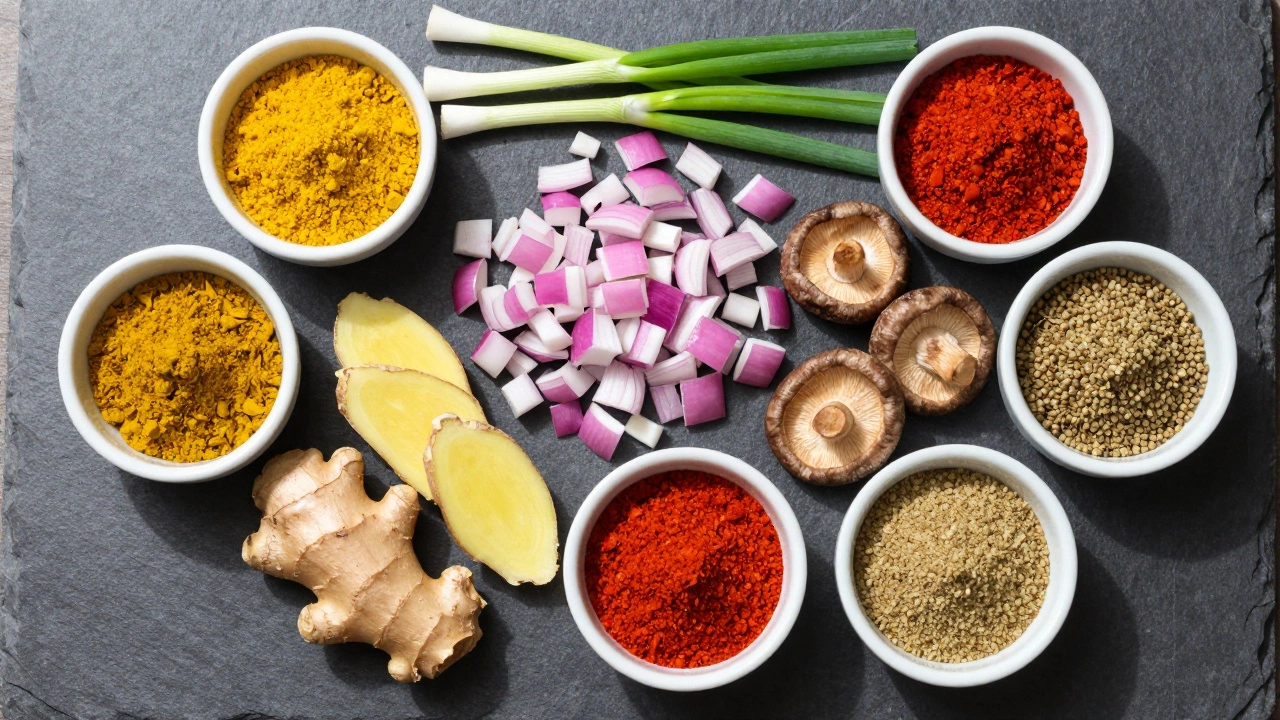 Chopped shallots, ginger, mushrooms, and colorful spices