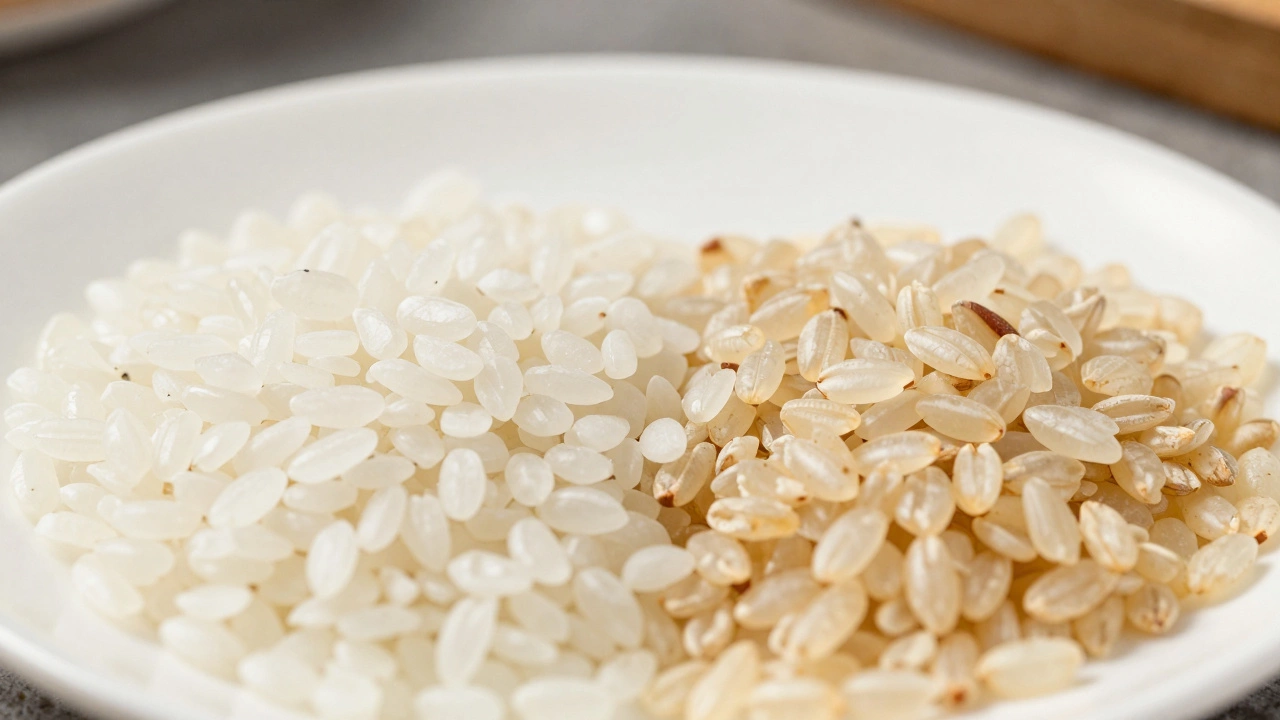 Close-up comparison of opaque short-grain rice and amber parboiled sella rice grains