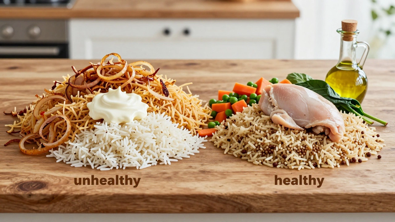 Comparison of healthy vs unhealthy biryani ingredients on a table