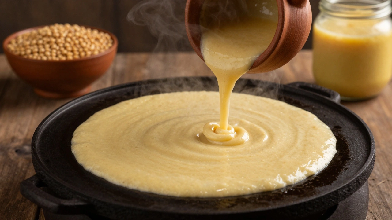 Creamy dosa batter being poured onto a hot cast-iron tawa for cooking