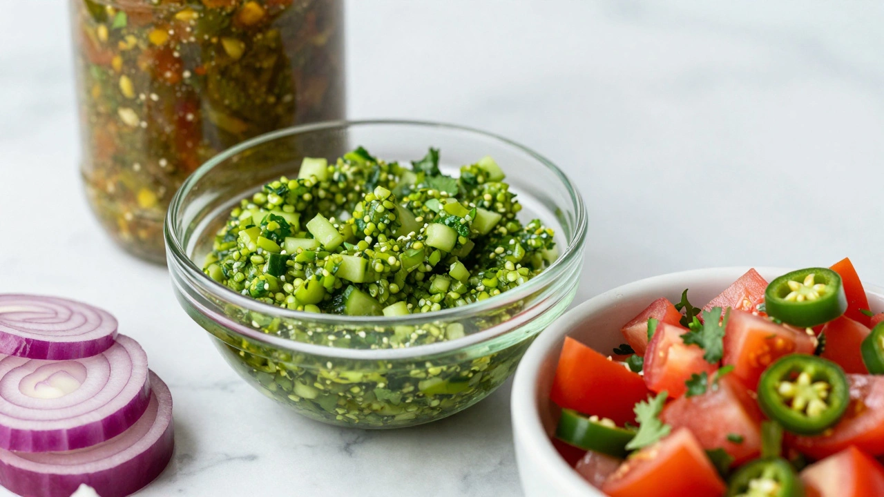 Cucumber relish, pickled onions, and pico de gallo salsa