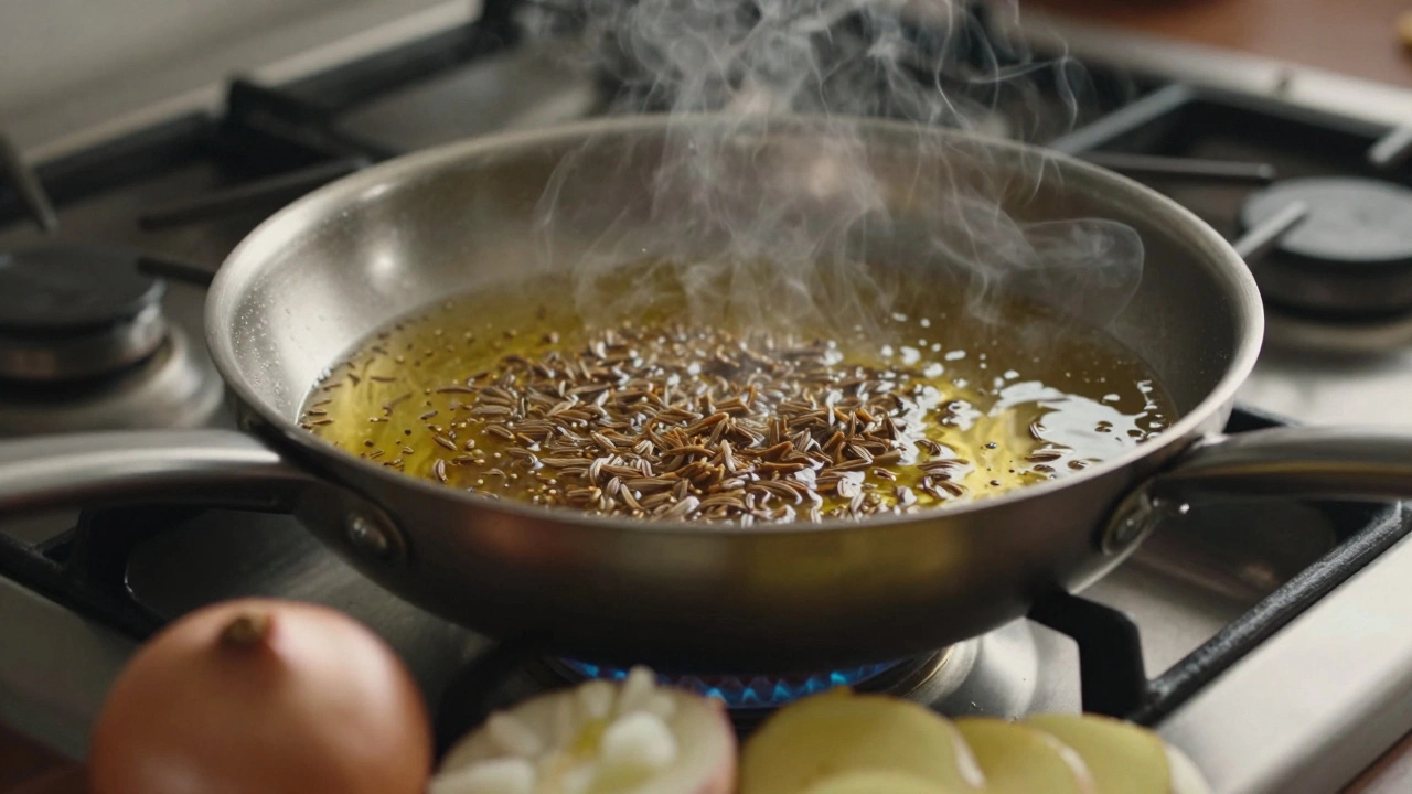 Cumin seeds sizzling in hot oil in a frying pan