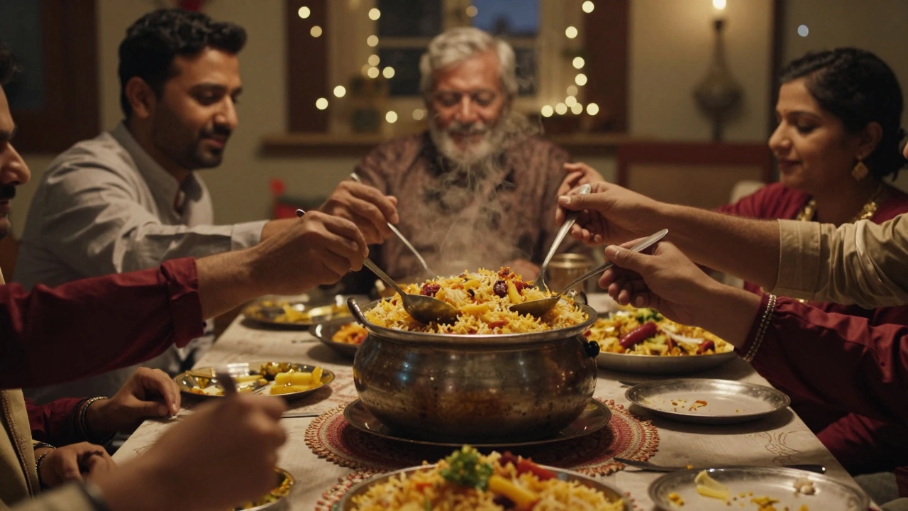 Family sharing biryani at a traditional Indian dinner gathering