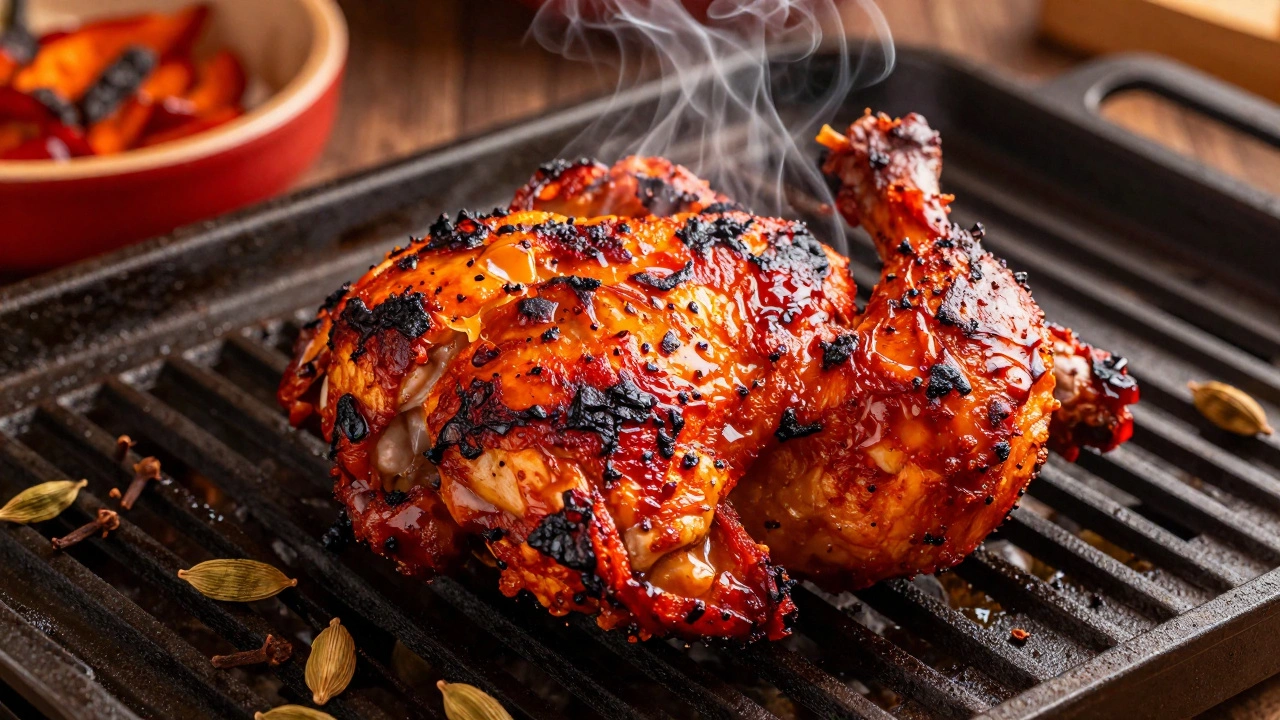 Grilled Tandoori chicken with charred, crispy skin on a hot grill