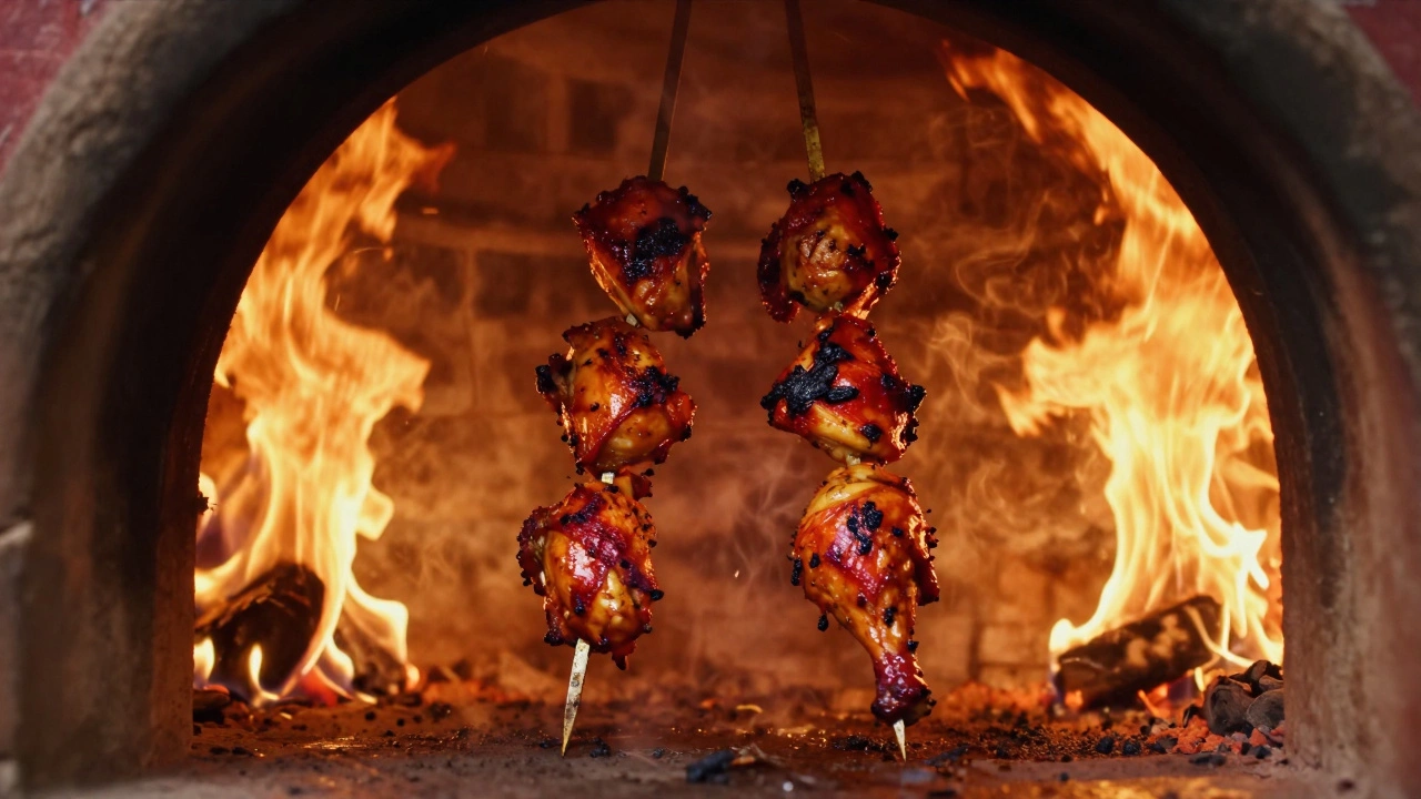 Marinated chicken cooking in a fiery traditional clay tandoor oven